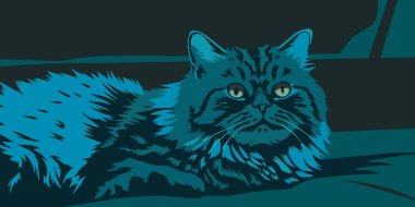 Çarpıcı, biçimlendirilmiş, tüylü mavi bir Pers kedisinin dijital çizimi, yoğun gözleri ve modern pop sanat estetiği var. Sanat severler için mükemmel..