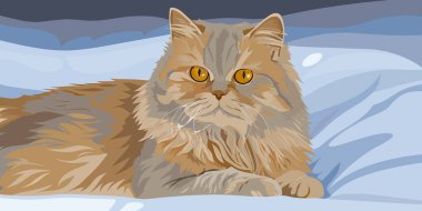 Uzun tüylü, çarpıcı kehribar gözlü, yumuşak mavi yatak örtüsünün üzerinde huzur içinde dinlenen büyüleyici dijital resimli altın İran kedisi. Bu stilize edilmiş evcil hayvan portresi kedi rahatlığı ve rahatlığını yakalar..