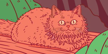 Bu sevimli, tüylü turuncu kedi illüstrasyonunda büyük gözleri ve renkli bir geçmişi olan rahat bir kedi sergileniyor. Rahat ve huzurlu bir ortam için mükemmel..