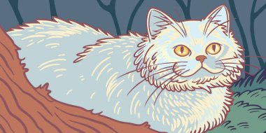 Güzel stilize edilmiş bir illüstrasyonda altın gözlü tüylü beyaz bir kedi ormandaki çevresini huzur içinde gözlemliyor. Bu büyüleyici sanat eseri doğadaki sessiz bir anı yakalıyor..