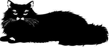 Gösterişli, siyah bir kedi silüeti, tüylü, uzun tüylü bir kedinin huzur içinde uzanmasını tasvir ediyor. Bu stilize vektör sanatı grafiği hayvan severler veya minimalist tasarım projeleri için mükemmeldir..
