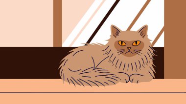 Çekici bir dijital sanat eserinde sarı gözlü tüylü açık kahverengi bir kedi sergileniyor. Bu gevşemiş kedi rahat bir şekilde pencerenin kenarına oturmuş, dışarıya bakıyor..