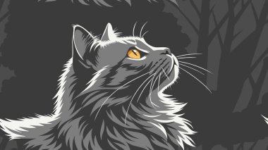 Gri bir kedinin zarif ve zarif bir tasvirini keşfedin. Bu modern grafik portre dramatik bir bakış, altın gözler ve koyu dokulu bir arka plan karşısında parlak bir tasarım içerir..
