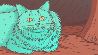 Altın gözlü ve meraklı bakışlı tüylü bir turkuaz kedinin büyüleyici dijital bir illüstrasyonunu keşfedin. Bu eşsiz stilize edilmiş evcil hayvan portresi, kıpkırmızı kahverengi bir arka plana karşı dışavurumcu bir kedi figürü içerir..