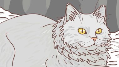 Güzel bir dijital illüstrasyon keşfedin. Bu sanat eseri, çarpıcı sarı gözleri, desenli kürkü ve ilginç, büyüleyici bir ifadeyle harika yapılmış gri bir kediyi sunar..