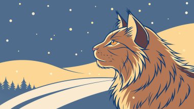 Bir stilize edilmiş klasik illüstrasyonda, yıldızlı bir gece gökyüzünün altında karlı bir manzaraya bakan çarpıcı gözleri olan görkemli bir kedi yer alır. Bu eski sanat eserleri soğuk bir kış sahnesine sıcaklık katıyor..