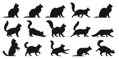 Yaratıcı projeler için çeşitli kedi davranışları ve duruş sergileyen çok yönlü siyah kedi siluetleri koleksiyonu.