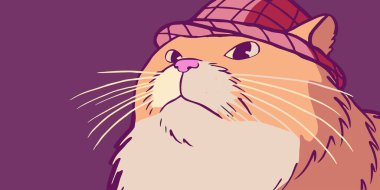 Zarif kırmızı ve pembe ekose şapkalı sevimli bir turuncu çizgi film kedisinin etkileyici dijital çizimi, anlamlı gözleri, uzun bıyıkları ve canlı mor bir arka planı var. Bu kaprisli sanat eseri hoş bir kedi karakteri yakalıyor..