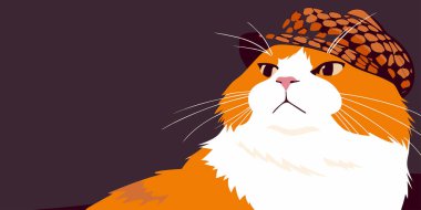 Modern dijital bir illüstrasyon olarak sunulan havalı bir leopar desenli kova şapka giyen şık turuncu ve beyaz bir kedi. Bu tuhaf portre kendine güvenen bir kedi moda anını yakalıyor..
