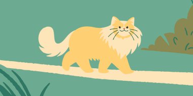 Kabarık tüylü turuncu bir kedinin ahşap bir çit boyunca dikkatlice yürüdüğünü gösteren büyüleyici bir çizim keşfedin. Bu uzun kuyruklu sevimli kızıl kedi canlı bir deniz mavisi arkaplanına dayanıyor ve hayvan severler için mükemmel ve şık bir sahne yaratıyor.