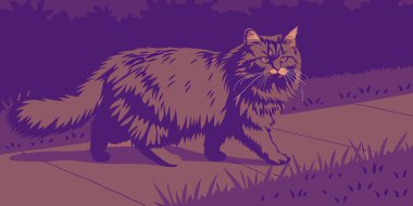Çimenlerde yürüyen görkemli, uzun saçlı Maine Rakun kedisinin sanatsal bir çizimi. Bu eşsiz mor renkli portre klasik, stilize bir çekiciliği var..