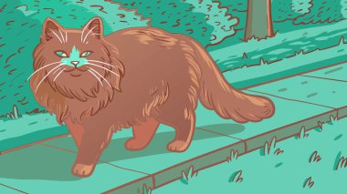 Şirin, pofuduk, kızıl bir kedi çizimi, yemyeşil yaprakların yanındaki kaldırımda güvenle yürür. Canlı turuncu kürkü ve çarpıcı gözleri bu büyüleyici sahnede göze çarpıyor..