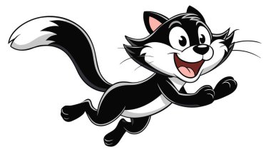 Sıçrayışta yakalanan komik kokarca karakterini keşfedin. Bu hareketli siyah beyaz kokarca dinamik duruşu ve neşeli ifadesiyle mutluluk ve enerji yayar. Çocuklar ve eğlenceli tasarımlar için mükemmel bir illüstrasyon..