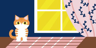 Sevimli bir turuncu tekir kedicik çizimi pembe çizgili bir halıya oturur, çiçekli perdelerle parlak bir pencereden dışarı bakar, büyüleyici ve samimi bir iç mekan sahnesi yaratır.