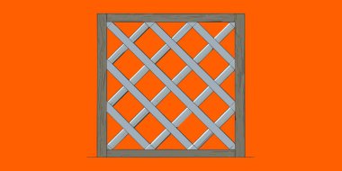 Çapraz gri çıtçıtlı ve parlak turuncu arka planda kahverengi çerçeveli dijital resimli ahşap kafes paneli. Bu düz stil çizimi bahçe ve peyzaj tasarımları için mükemmeldir..