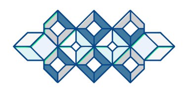 Modern soyut sanat eserlerinde mavi ve beyaz elmasların simetrik geometrik desenleri bulunur. İzometrik tasarım, birbirine kenetlenmiş küp şekilleriyle, dijital arkaplan ve yaratıcı mimari dekor için mükemmel bir boyalı cam efekti yaratır..