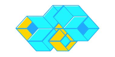 Mavi ve sarı küplerden oluşan koyu renk paleti içeren modern bir geometrik çizim. Bu soyut şablon, derinlik ve biçim hissi yaratmak için izometrik projeksiyon kullanır.
