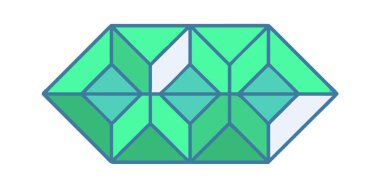 Çağdaş ve soyut bir tasvirle yeşil yüzlü bir mücevher. Bu geometrik kristal tasarımı, yaratıcı projeler için stil ve sanatsal bir görünüm yaratmak için zümrüdün çokgen şekillerini ve tonlarını içerir..