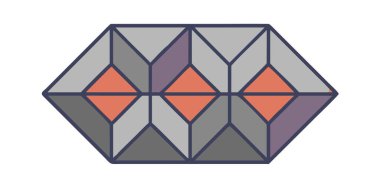 Mozaik cam desenli modern bir geometrik altıgen. Bu soyut tasarım, çağdaş bir estetik için gri, lavanta ve mercandan oluşan sessiz bir renk paleti kullanır..