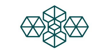 Birbirine bağlı altıgenler ve karelerin simetrik bir düzenini içeren modern bir teal geometrik çizgisi sanat tasarımı. Bu soyut illüstrasyon kurumsal markalaşma, teknoloji logoları ve dijital kalıplar için mükemmel..