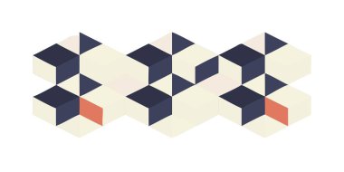 Donanma, mercan ve kremin sessiz renk paletini içeren karmaşık bir izometrik küp deseni. Bu modern geometrik tasarım duvar kağıtları, tekstil ve yaratıcı grafik projeleri için mükemmeldir..