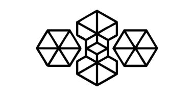 Birbirine kenetlenmiş altıgenler ve kare elementlerle kompleks geometrik desenlerin minimalist siyah beyaz çizimi.