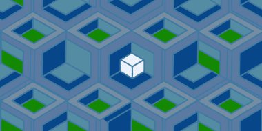 modern minimalist isometric art with a cool color palette. this abstract geometric design features a repeating pattern of nested blue and green cubes centered around a white block. great for professional backgrounds and tech illustrations.