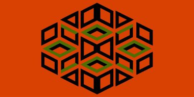 This visually striking geometric pattern features interlocking cubes in black and green set against a vibrant orange background. The design creates a mesmerizing optical illusion using repeating hexagonal shapes to provide depth and perspective.