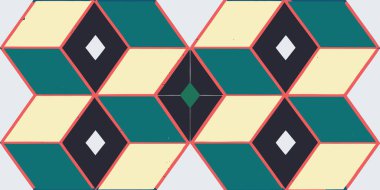 Çağdaş geometrik bir tessellasyon, birbirine kenetlenmiş altıgenler içeren deniz mavisi, krem, siyah ve beyaz. Bu modaya uygun retro desen, iç dekorasyon ve tekstil için eşsiz bir 3 boyutlu optik ilüzyon arka planı oluşturmak için kırmızı çizgiler ve elmas şekiller kullanır..