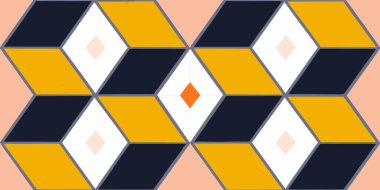 Bu soyut geometrik desen donanma, altın ve şeftalide tekrarlayan bir izometrik küp dizaynını içerir. Retro-esinlenmiş estetik modern duvar sanatı, tekstil baskıları ve karmaşık ve dokulu görünümlü grafik arkaplanlar için mükemmeldir..