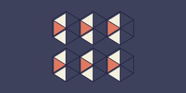 A repeating pattern of isometric cubes featuring a salmon-colored triangle within each. This modern geometric art uses a minimalist aesthetic and a subtle color palette for a vintage feel.