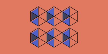 Mavi ve gri üçgen küplerin, somon pembe arka planda tekrarlanan bir dizaynla dizayn edildiği modern dikişsiz geometrik desen. Arkaplan dokuları ve dijital sanat projeleri için mükemmel.