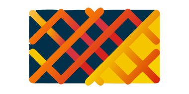 Üst üste binen, sarı, turuncu ve kırmızı tonlarda yuvarlak dikdörtgenler içeren canlı soyut kompozisyon elle boyanmış bir deniz mavisi arkaplanına karşıdır..