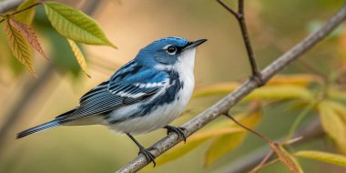 Renkli sonbahar yaprakları arasında ince bir dala tünemiş canlı mavi ve beyaz bir gök bülbülünün çarpıcı yakın çekimi. Bu küçük ötücü kuş, güz mevsiminde doğal ormanlık alanda çarpıcı tüyler sergiliyor..