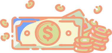 Oyuncu ve renkli bir karikatür çizimi. El yapımı dolar ve altın paralar. Bu yaratıcı karalama finansal zenginliği, başarıyı, kişisel birikimleri ve iş gelirlerini kaprisli bir şekilde temsil ediyor..