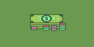 Bir dolarlık banknotun stilize edilmiş düz tasarım çizimi ve finans ve bankacılık kavramları için birikmiş paralar.