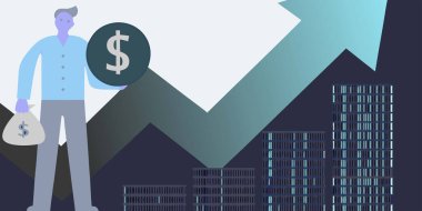 Yükselen pazar grafiği ve bozuk para yığınlarının yanında elinde para tutan bir kişinin mali büyüme ve başarısının gösterimi.