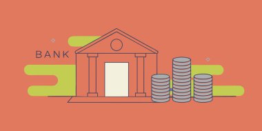 Bir banka binası ve para yığınlarının biçimlendirilmiş grafik çizimi, finans, tasarruf ve yatırım büyümesini temsil eder.