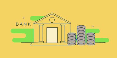 Altın para yığınlarıyla dolu, mali büyüme, tasarruf ve zenginlik yönetimini sembolize eden bir banka binasının temiz ve modern bir çizimi.