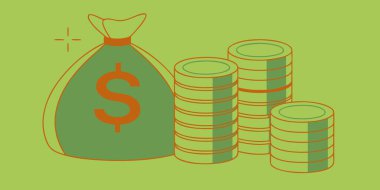 Bir dolar işareti ve altın para desteleri ile büyük bir para çantasının ayrıntılı bir çizimi, mali zenginliği, birikimleri ve ticari başarı yatırımlarını temsil eder.