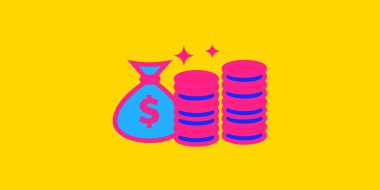 Bir dolar işareti ve yığınla altın paralarla dolu bir para çantasını gösteren canlı bir pop sanat çizimi. Bu parlak grafik finansal başarıyı, zenginliği, tasarrufu ve gelir büyümesini simgeliyor.