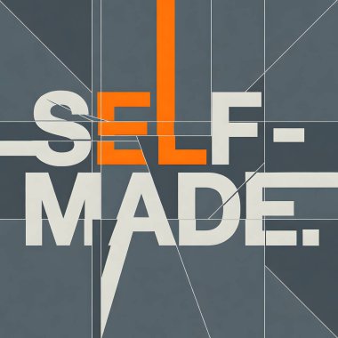 Bu modern grafik tasarımı, kendi kendine oluşturulan ifade için dekonstrüksiyon edilmiş tipografiye sahiptir. Yaratıcı dijital sanat ve soyut harflerle tutku ve başarıyı temsil etmek için turuncu aksanlı ve geometrik çizgileri olan minimalist gri bir arkaplan kullanıyor..