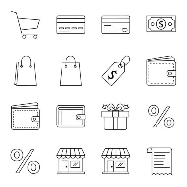 Perakende, alışveriş ve finans hizmetleri için bir koleksiyon. Bu set kredi kartları, cüzdanlar, hediye kutuları ve satışlar için ana hatları içerir. Web tasarımı ve pazarlama materyalleri için mükemmel.