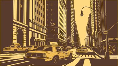 İşlek bir caddenin eski tasviri ikonik sarı taksiler ve yüksek binaların yer aldığı bir grafik çizimi. Kaliteli kentsel estetik için güçlü çizgileri ve düz tasarım elementleri olan sıcak bir renk paleti kullanır..