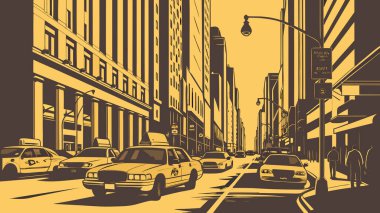 Canlı bir geçmişe dönük pop sanat illüstrasyonu sarı taksi ve çizgi roman tarzında gökdelenlerle dolu işlek bir caddeyi gösteriyor. Bu renkli şehir manzarası şehir merkezindeki bir metropolün hareketli enerjisini yakalıyor..