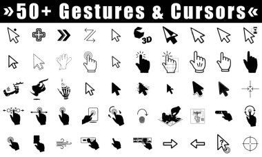 Bilgisayar imleci ve el hareketleri de dahil 50 'den fazla siyah beyaz simgenin kapsamlı bir koleksiyonu. ui ve ux tasarım, mobil uygulamalar ve dijital sunumlar için mükemmel.