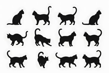 Farklı kedi davranışları gösteren kapsamlı bir siyah kedi silueti seti. Bu minimalist koleksiyonda kediler oturuyor, yürüyor ve esniyor. Grafik tasarımı, web simgeleri ve çeşitli yaratıcı projeler için mükemmel.