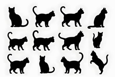 Çeşitli pozlarda siyah kedi siluetlerinin kapsamlı bir koleksiyonu. Bu minimalist set, oturma, esneme ve ayakta durma gibi kedi şekillerini içerir, grafik tasarım ve yaratıcı projeler için mükemmeldir..