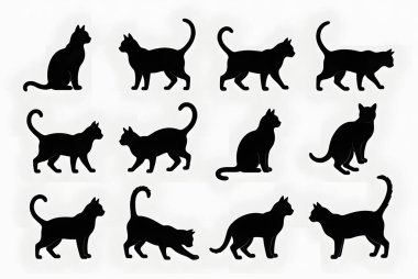Oturma, yürüme, esneme ve oyun da dahil olmak üzere çeşitli pozlarda minimalist siyah kedi siluetleri koleksiyonu. Grafik tasarımı, çizimler ve cadılar bayramı temalı projeler için mükemmel.