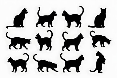 Minimalist siyah kedi siluetlerinin çok yönlü bir koleksiyonu. Bu illüstrasyonlar oturma, esneme ve zıplama gibi çeşitli kedi duruşlarını gösteriyor, onları grafik tasarım unsurları ve yaratıcı projeler için mükemmel hale getiriyor..